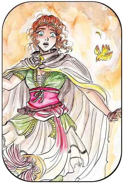 Watercolour of Voresh from Skal, a red-haired woman in a flowing cloak, gasping as a golden bird flies past.